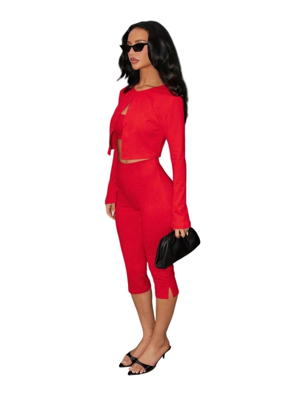 Carli Bybel X Missguided Red Three-Piece Bra Top, Cropped Cardigan & Capri Pants
